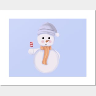 Christmas Snowman with Scarf,Beanie and Marshmallow. Posters and Art